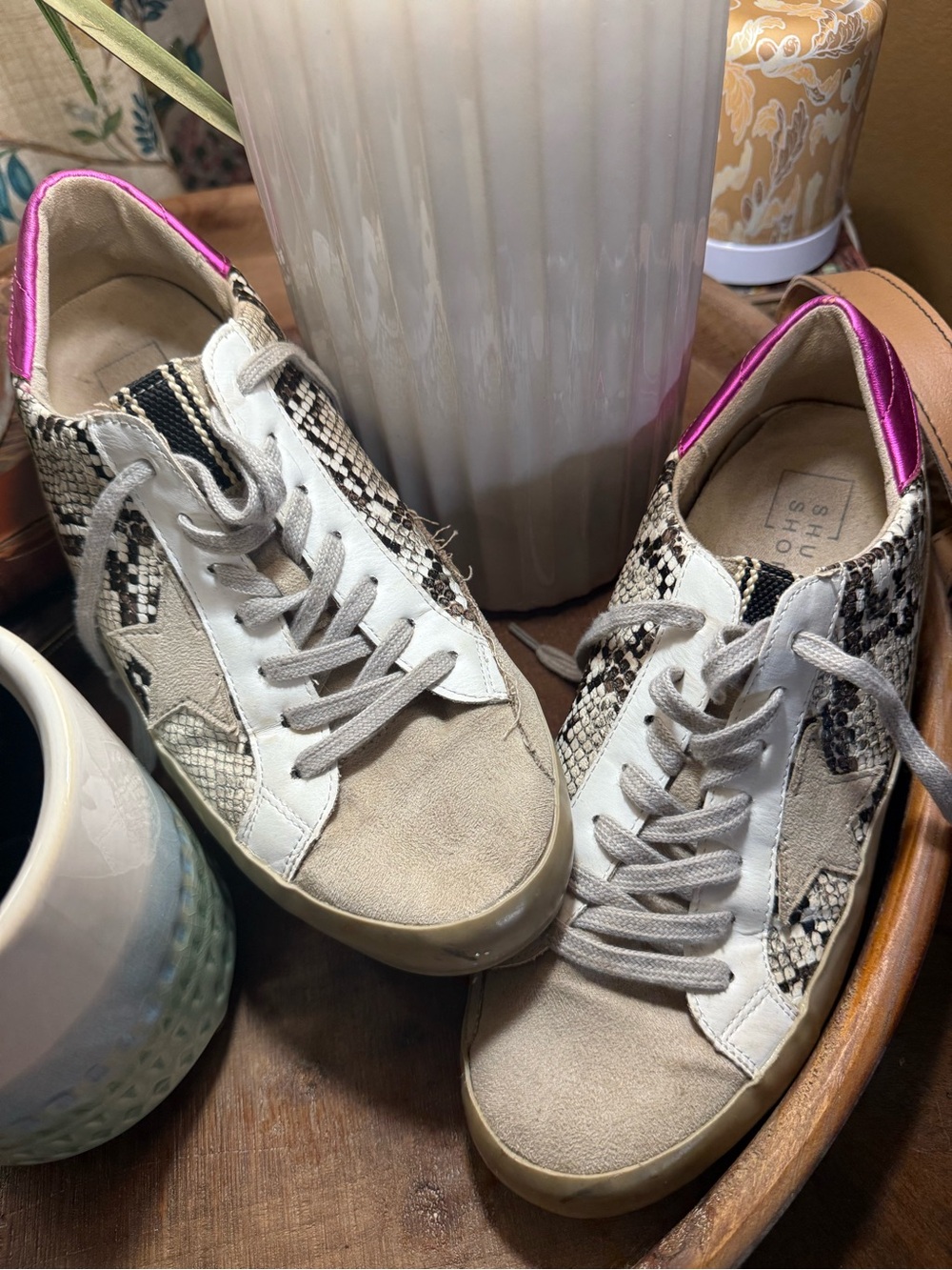 ShuShop Beige Suede & Snake-Print Sneakers with Pink Heel Tab